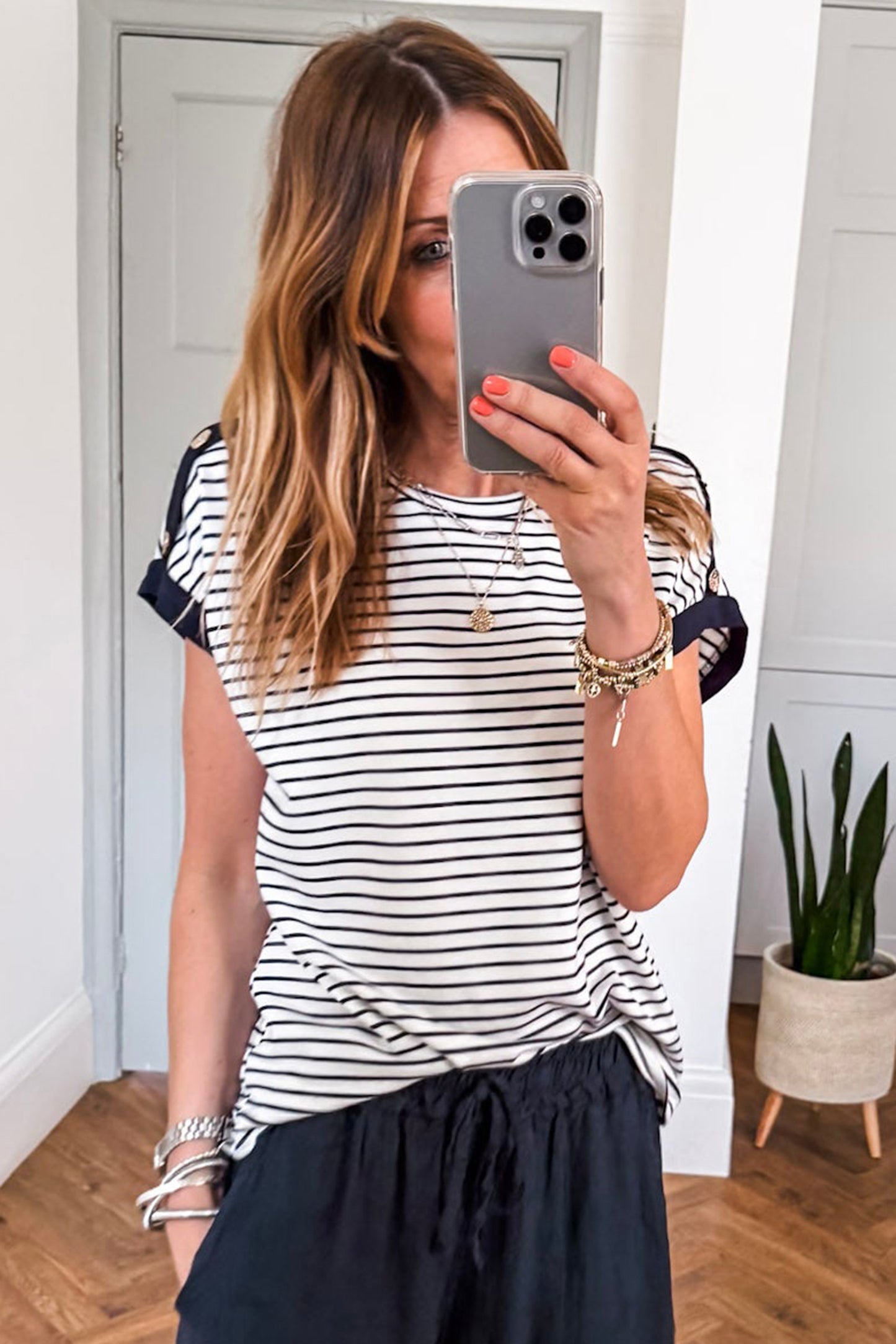 Black Stripe Cuffed Sleeve Button Detail Loose Tee