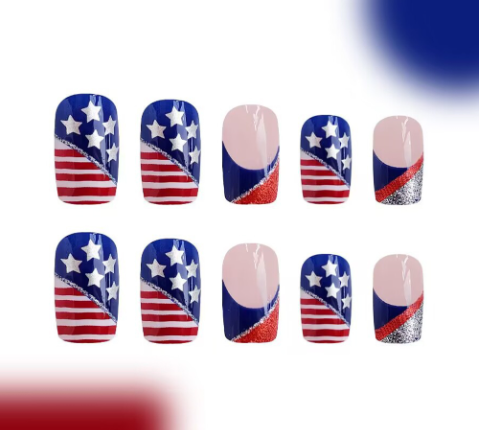 Dark Blue American Flag Shiny Square False Nails