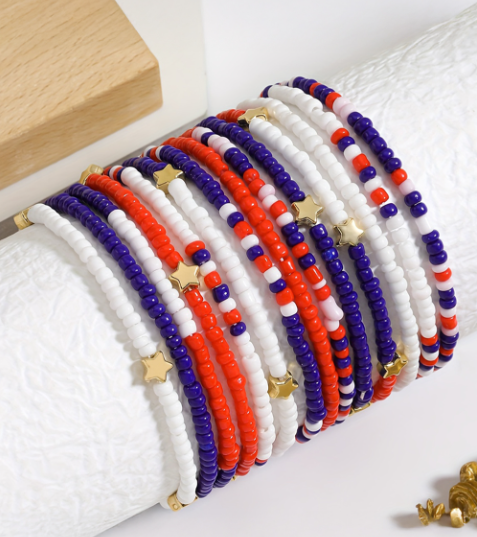Dark Blue American Flag Star Beaded Multi Layer Bracelet Set