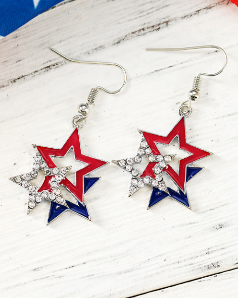 Fiery Red American Flag Rhinestone Star Dangle Earrings
