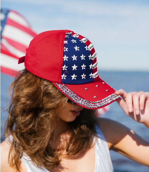 Fiery Red American Flag Rhinestone Decor Baseball Cap