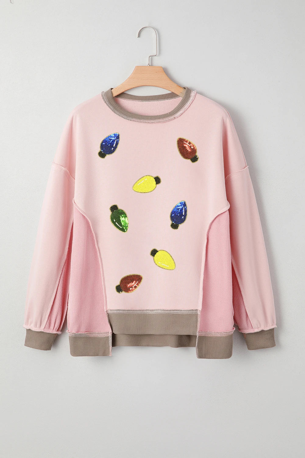 Light Pink Waffle Color Block Patchwork Sequin Christmas Light Bulb Loose Sweatshirt