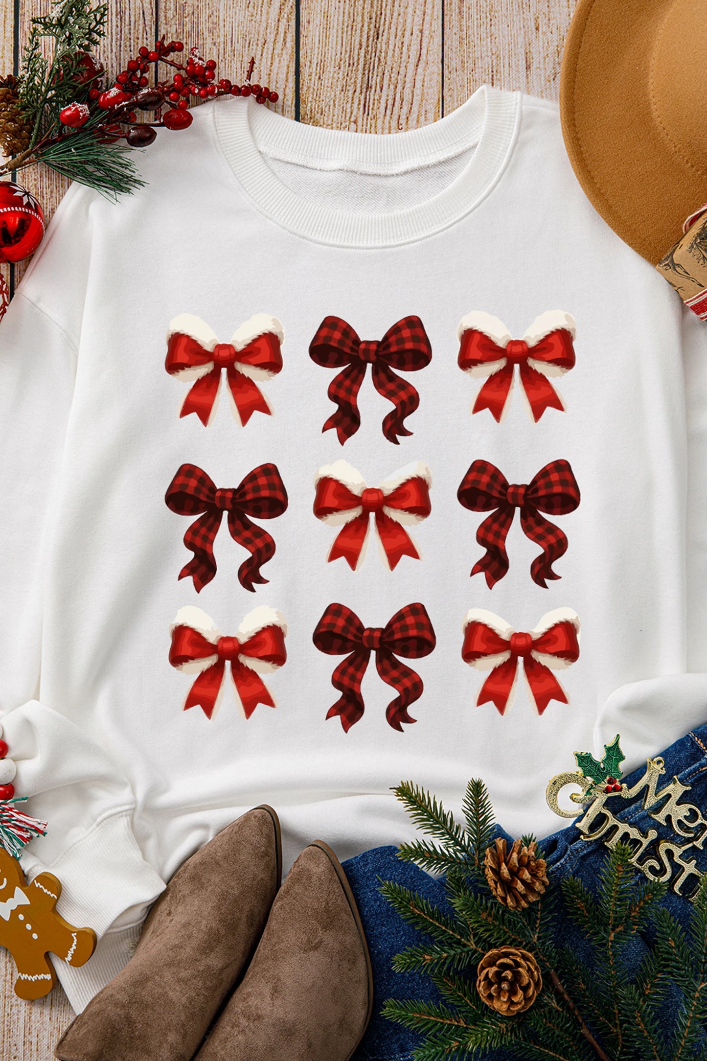 White Festive Bow Graphic Christmas Holiday Classic Sweatshirt