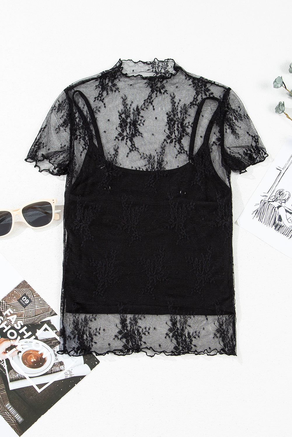 Black Floral Sheer Mesh Short Sleeve Mock Neck Blouse