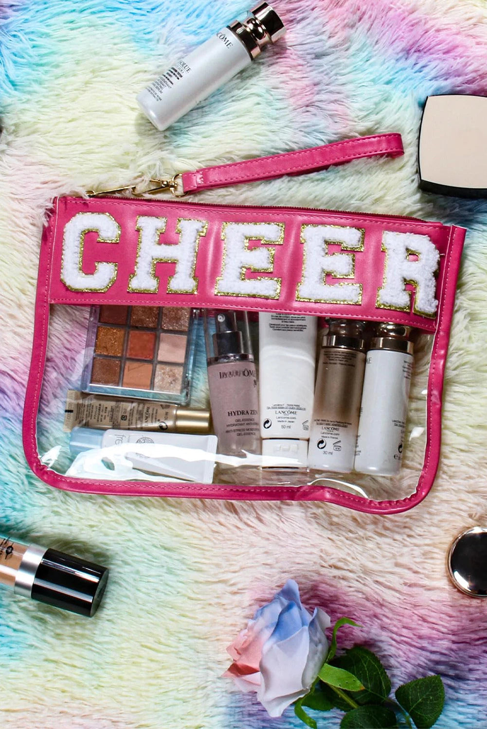 Chenille Letter PU Leather Patchwork Clear Makeup Bag