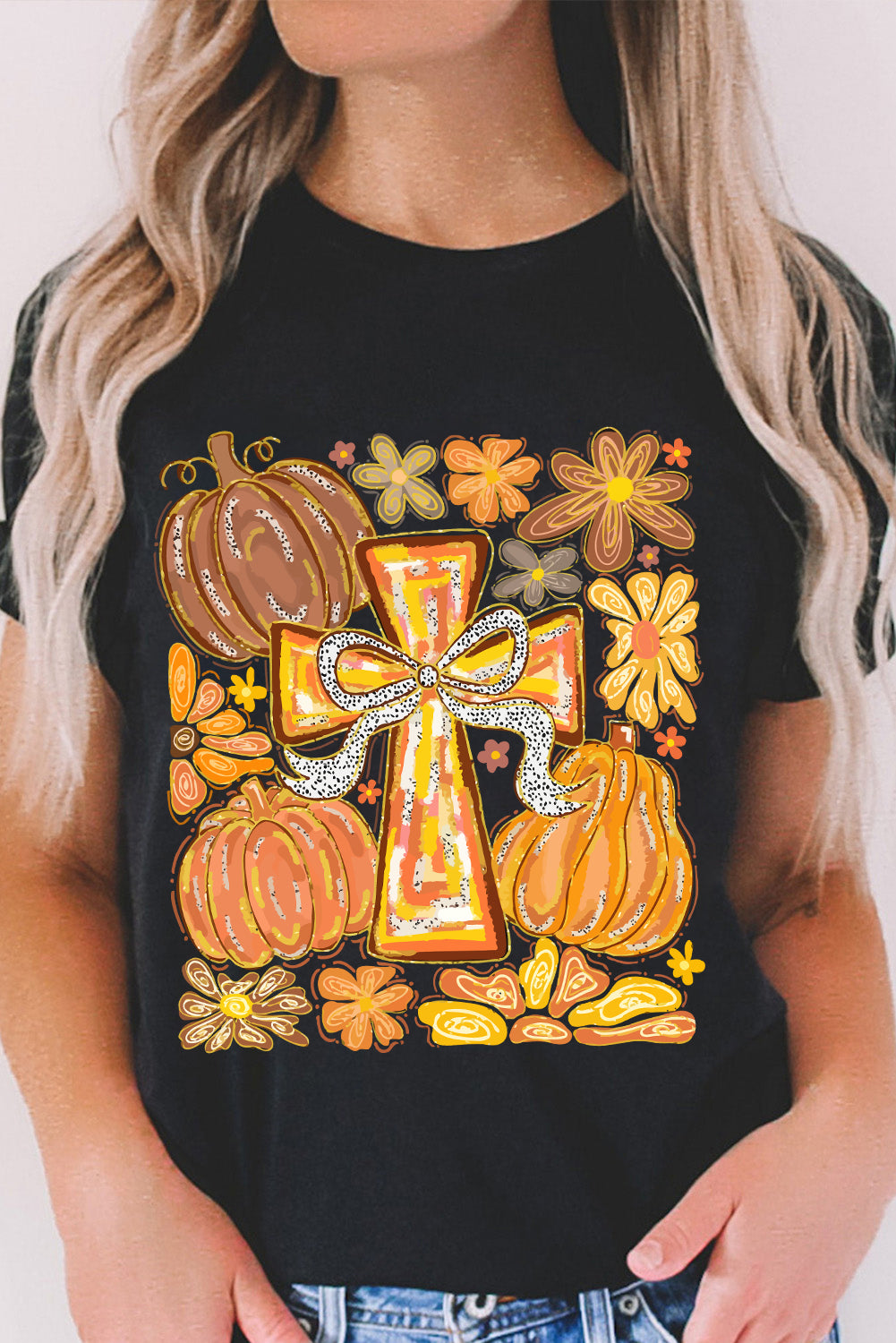 Black Thanksgiving Pray Cross Pumpkin Graphic Cotton Blend Tee