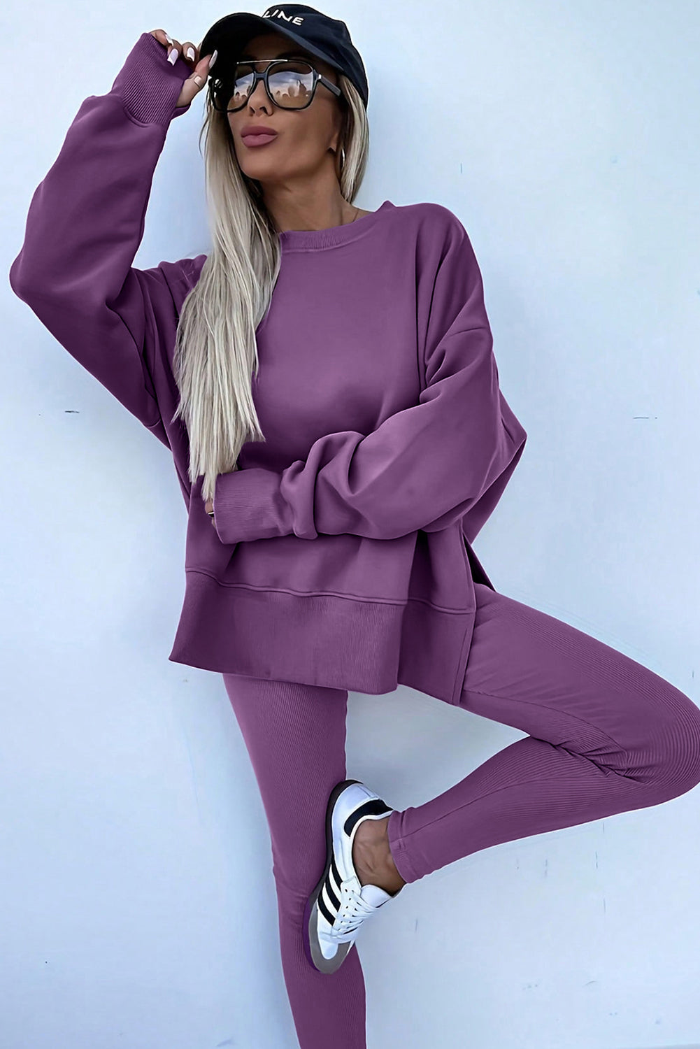 Jet Stream Solid Color Oversize Slit Sweatshirt Ribbed Leggings 2pcs Set