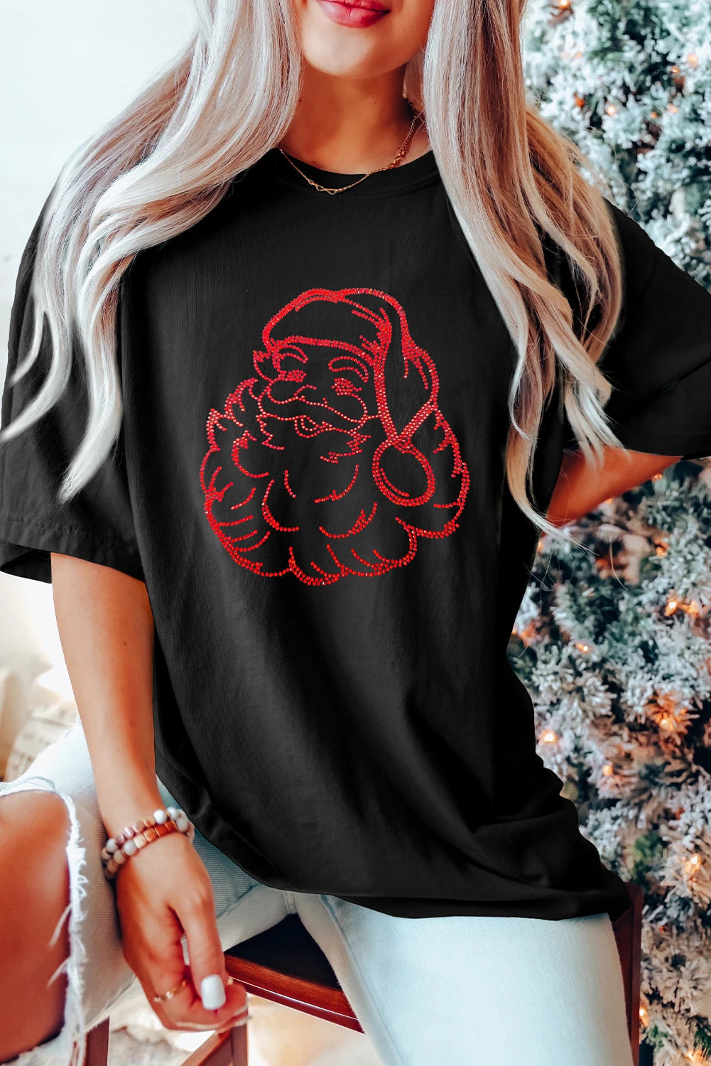 Black Rhinestone Santa Claus Christmas Graphic T Shirt