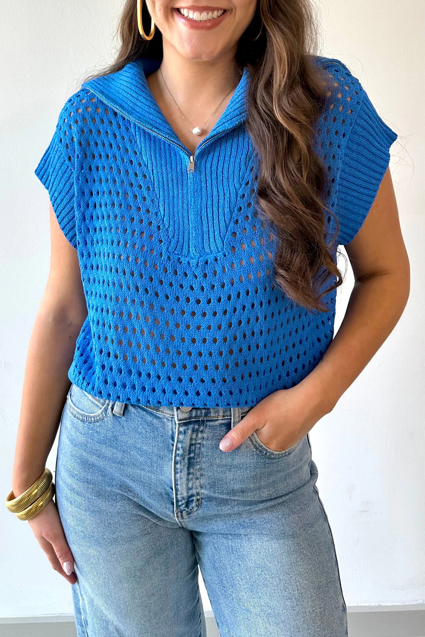 Sky Blue Solid Color Hollowed Knit Short Sleeve Zipper Collar Knitwear Top