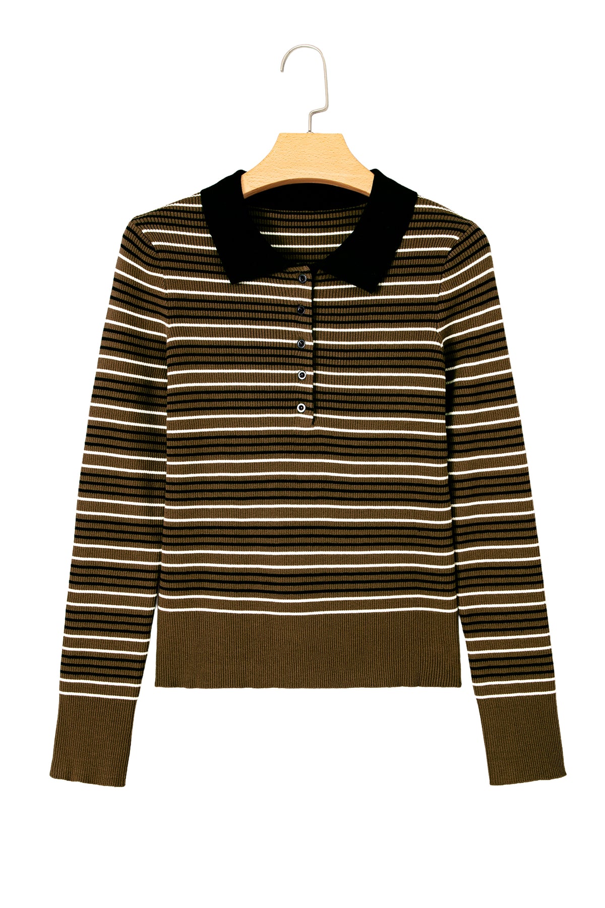 Green Stripe Striped Ribbed Knit Button Collar Sweater