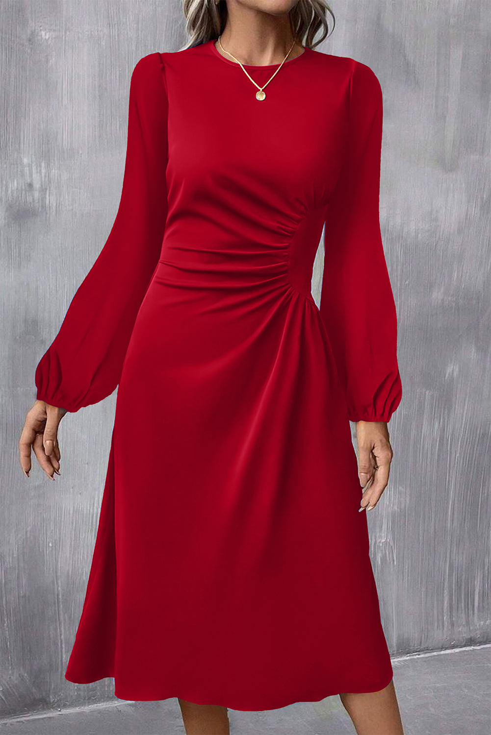 Solid Color Ruched Detail Long Sleeve Midi Dress