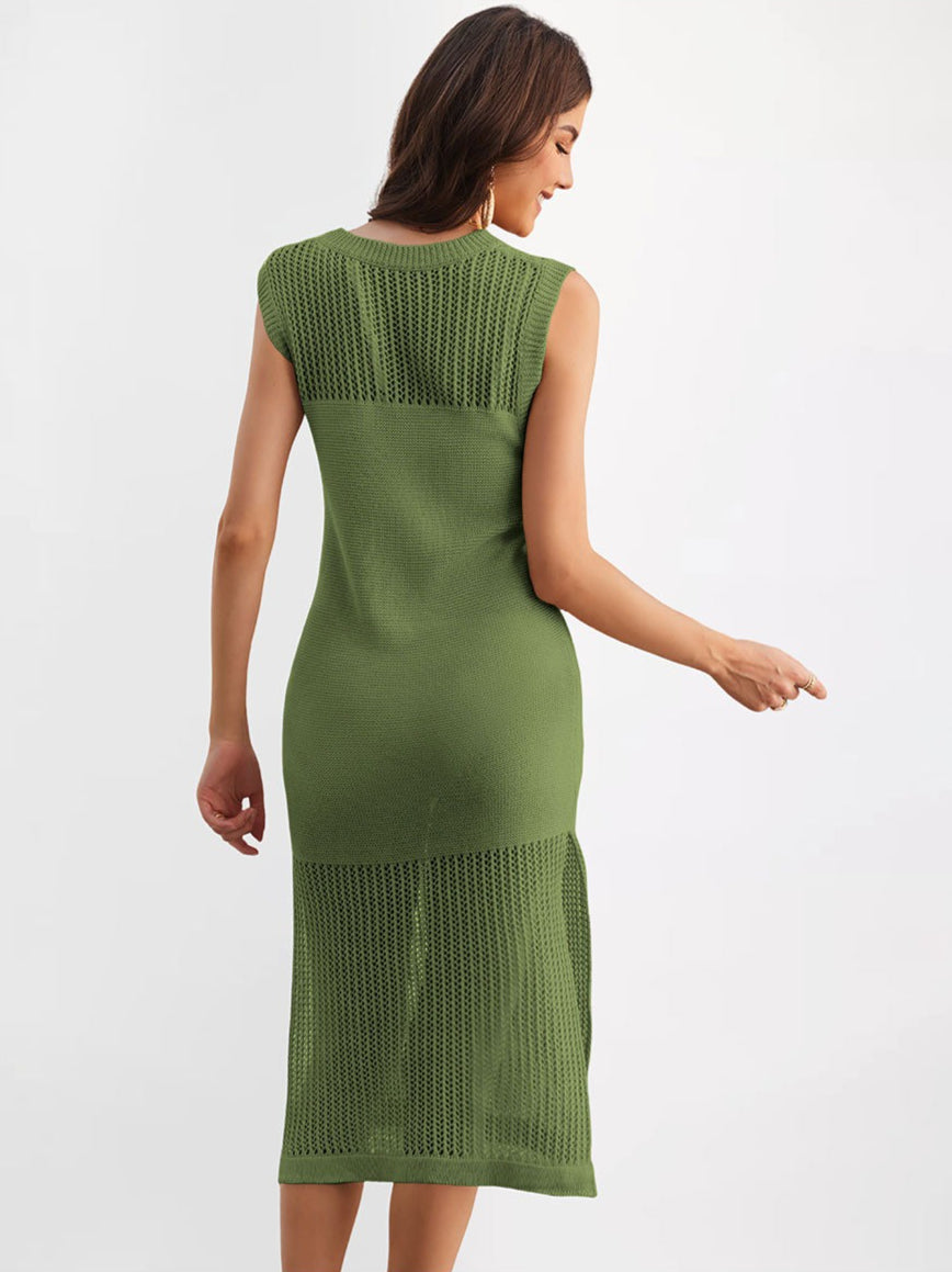 Sleeveless Knit Mesh Midi Dress Side Slit Resort