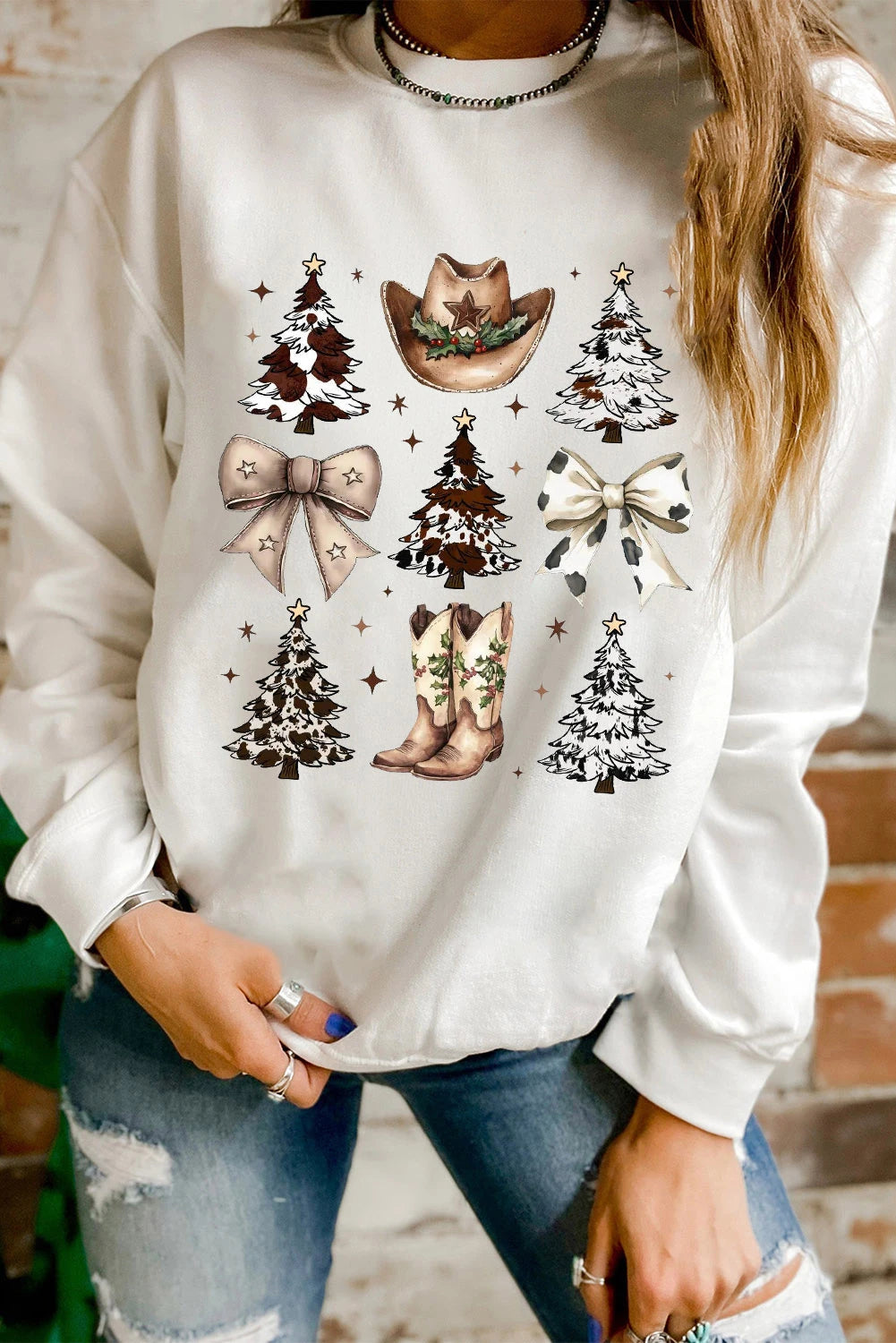 White Cowgirl Bow Christmas Tree Print Drop Shoulder Sweatshirt