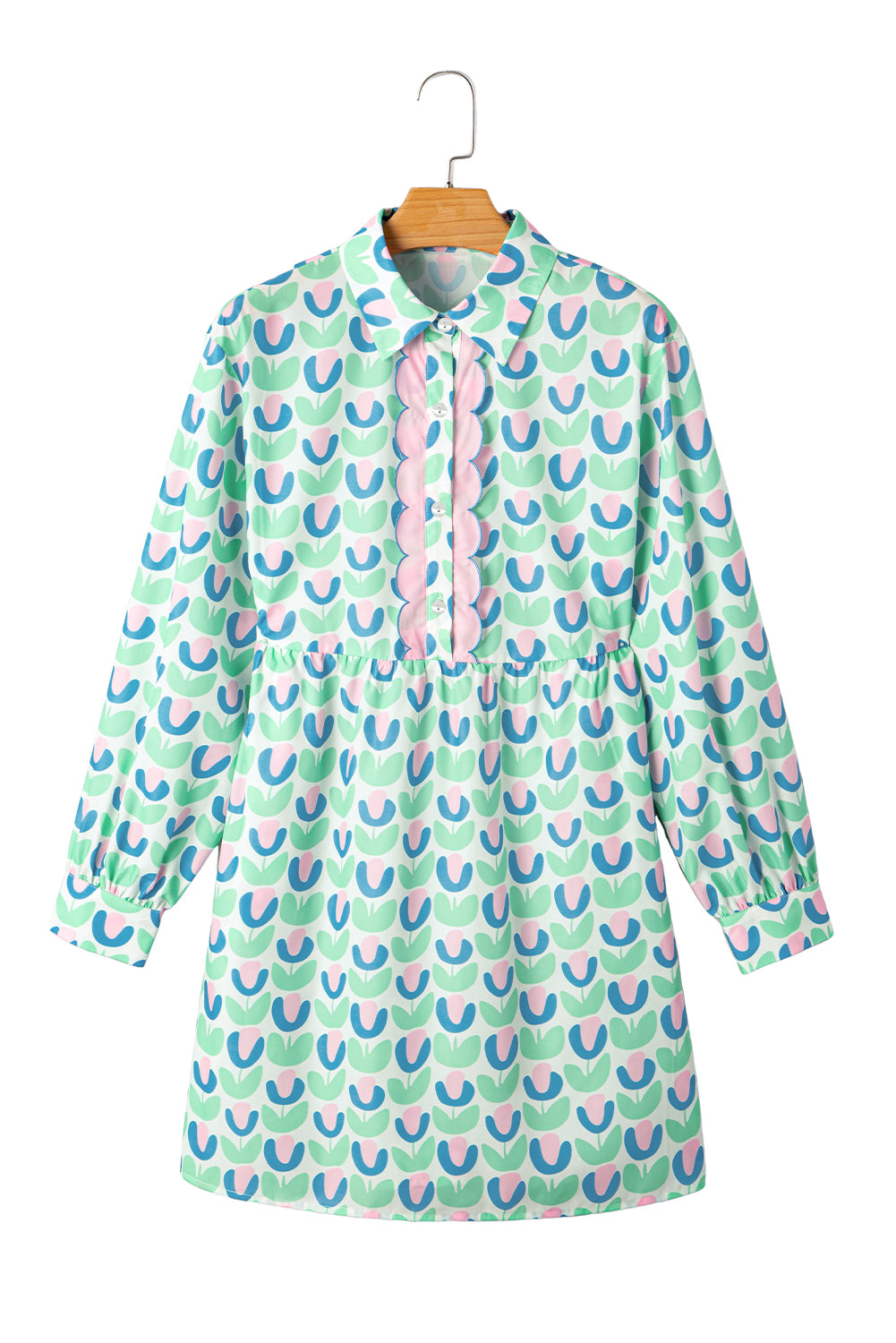 Green Floral Print Notched Neck Scalloped Detail Long Sleeve Mini Dress