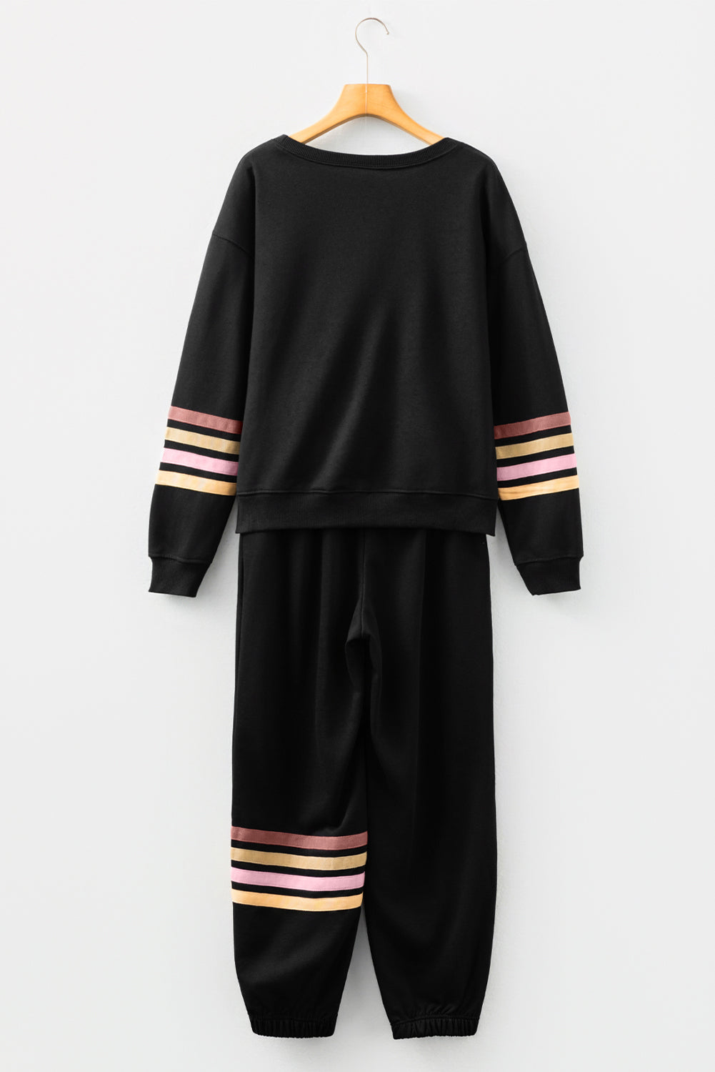 Beige Striped Drop Shoulder Round Neck Pullover and Jogger Pants Active Outfit