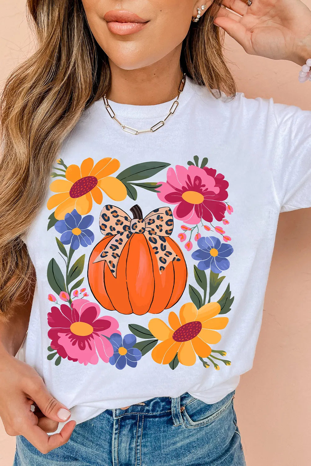 White Pumpkin Floral Graphic Thanksgiving Holiday T Shirt