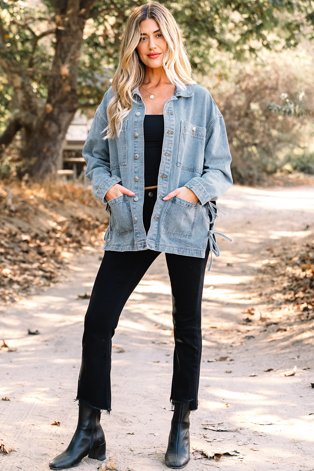 Beau Blue Multi Patched Pockets Side Tie up Boyfriend Style Denim Jacket