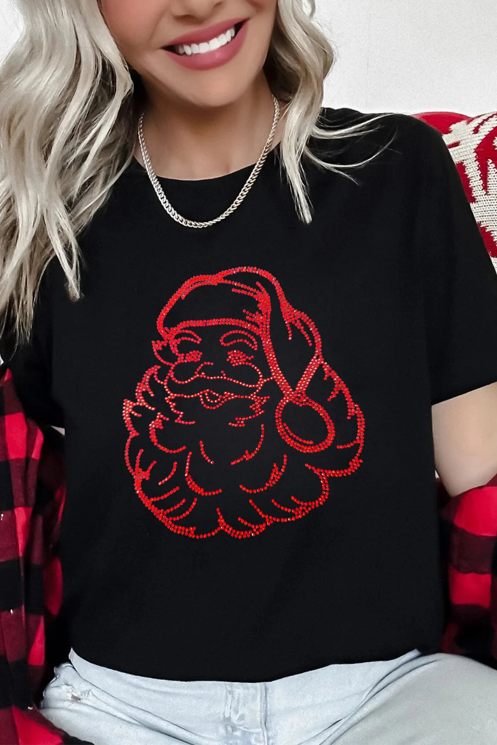 Black Rhinestone Santa Claus Christmas Graphic T Shirt
