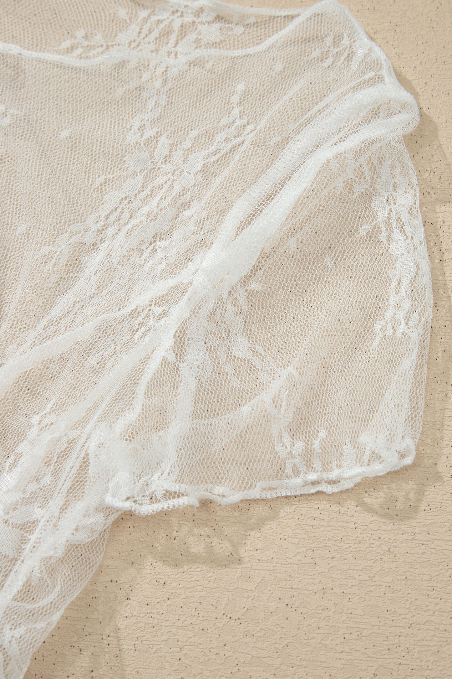 White Exposed Seam Ruched Sheer Floral Mesh Top
