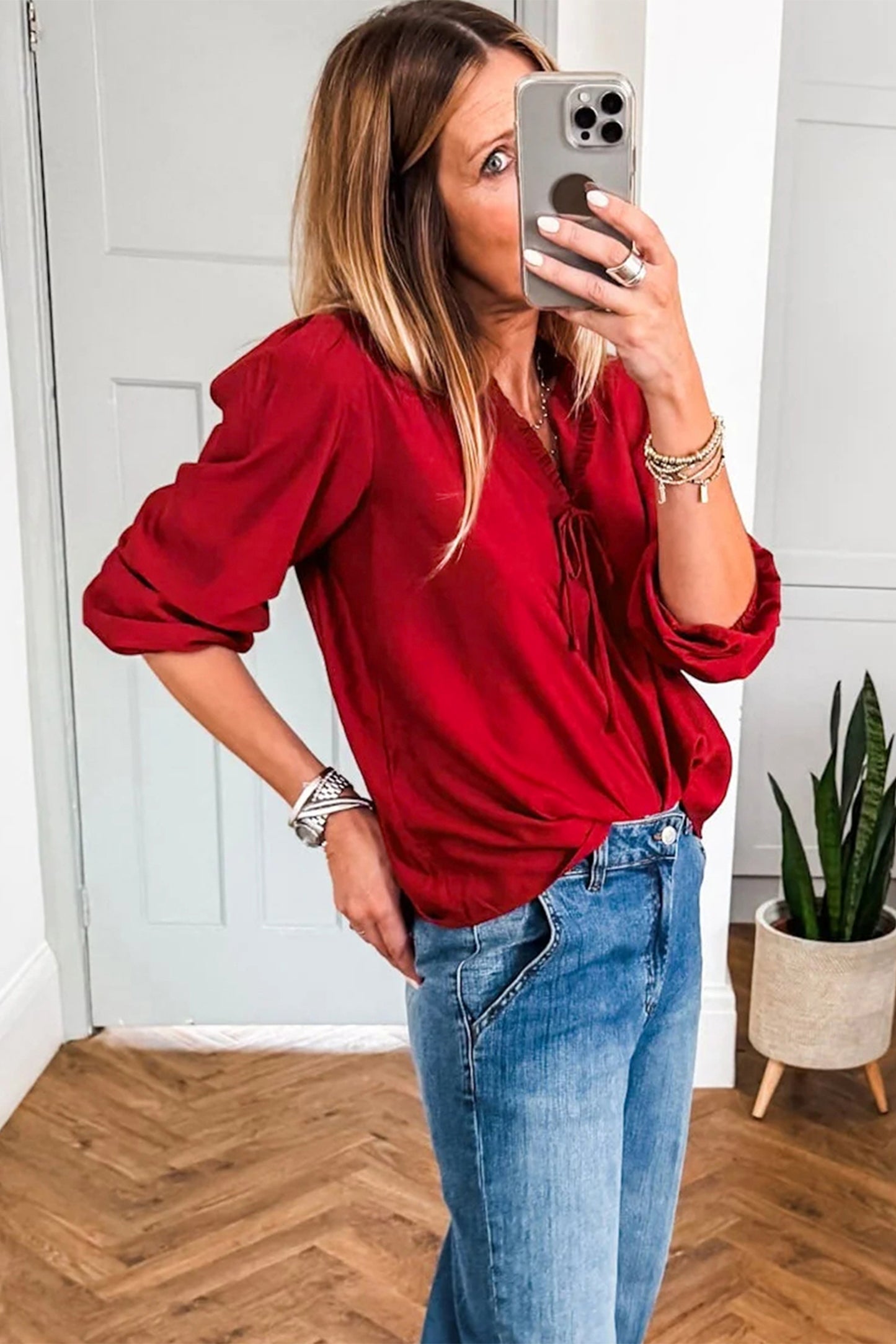 Fiery Red Solid Color Frilled V Neck Bow Detail 3/4 Sleeve Blouse