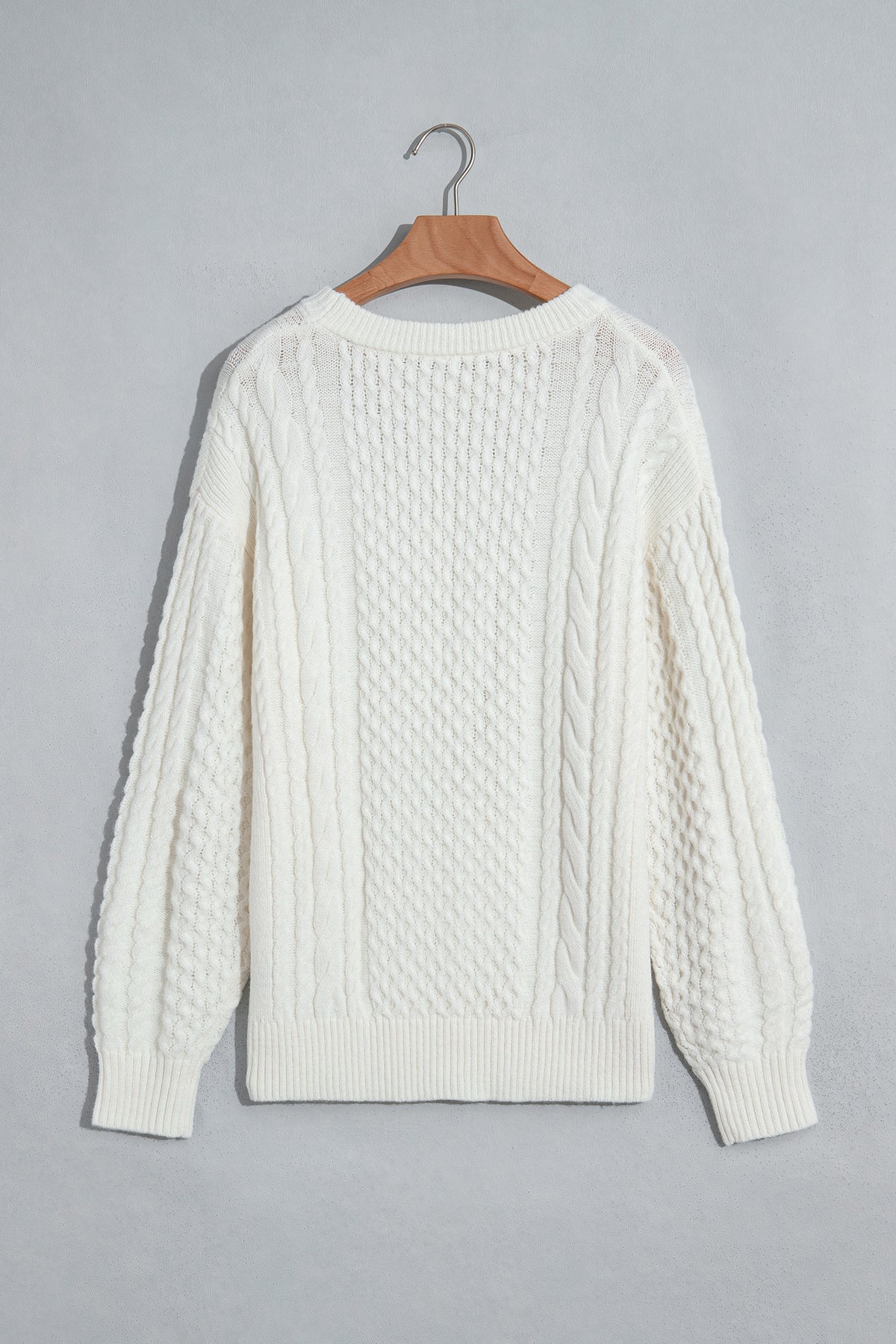 Beige Solid Color Cable Detail Knit Loose Round Neck Sweater