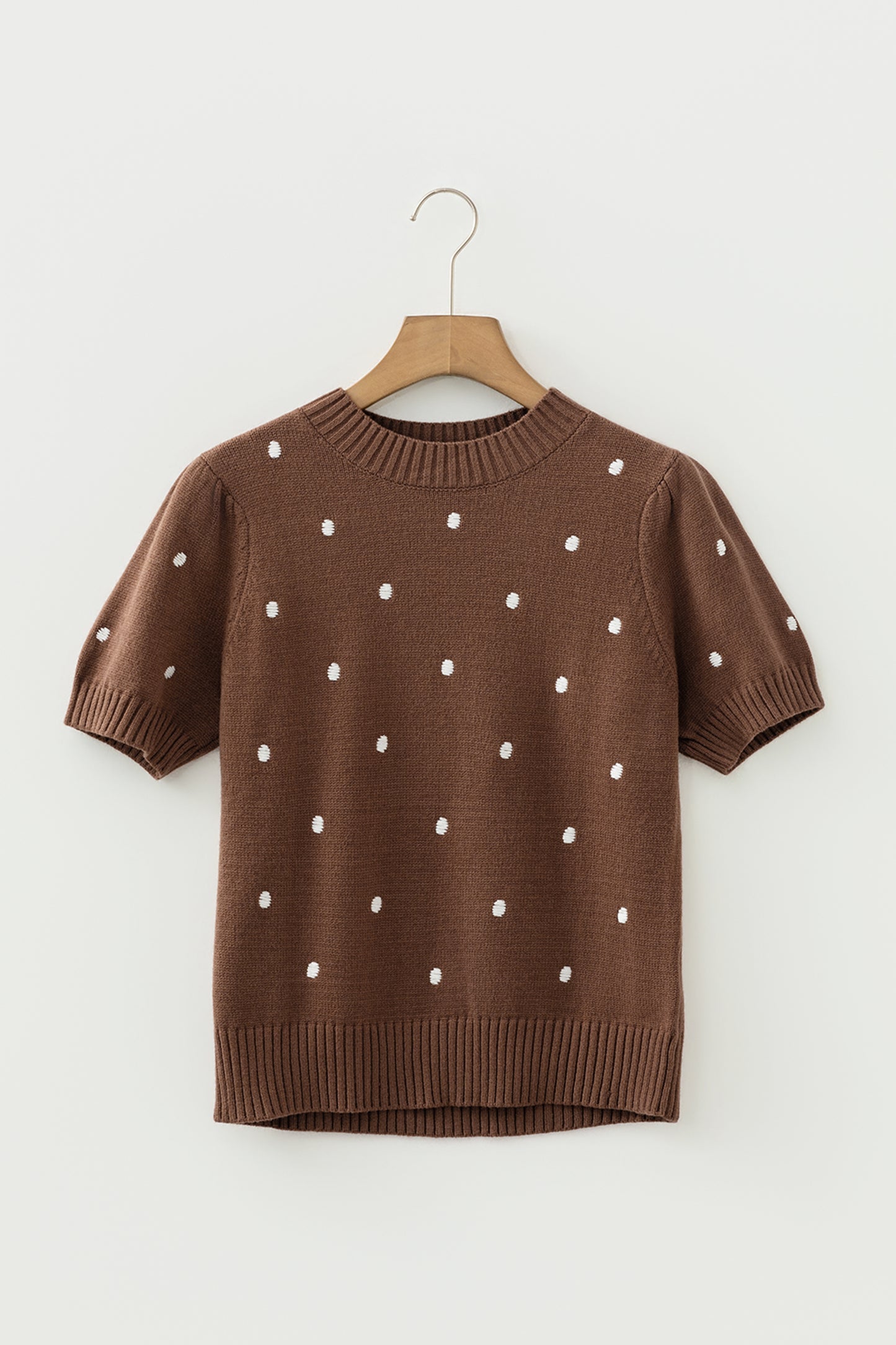 Chestnut Elegant Polka Dot Bubble Short Sleeve Sweater