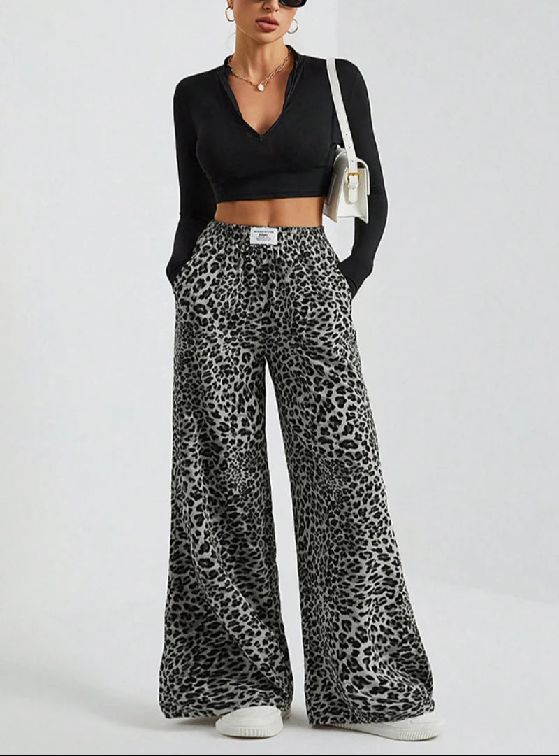Leopard Wide Leg Elastic Waist Pants