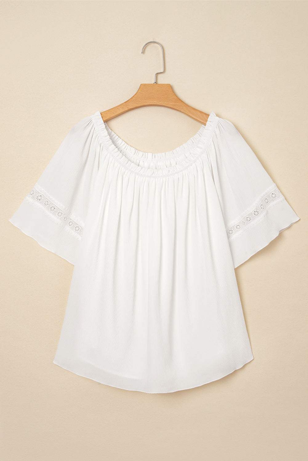 White Frilly Off Shoulder Lace Insert Sleeve Textured Blouse