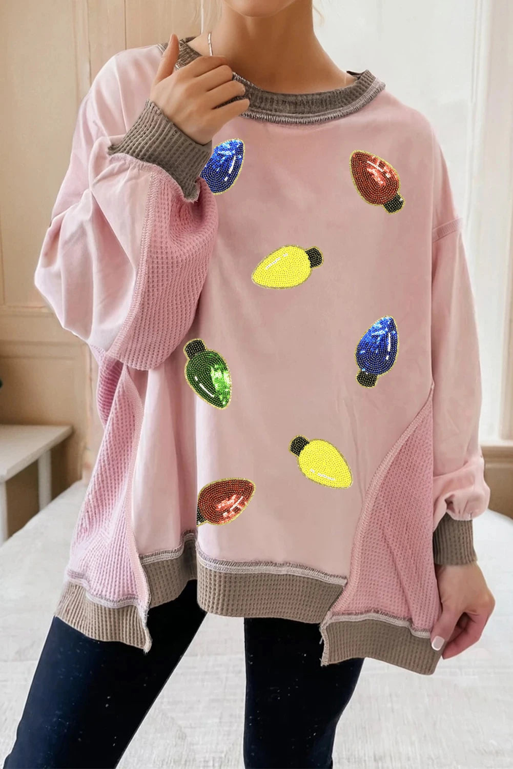 Light Pink Waffle Color Block Patchwork Sequin Christmas Light Bulb Loose Sweatshirt