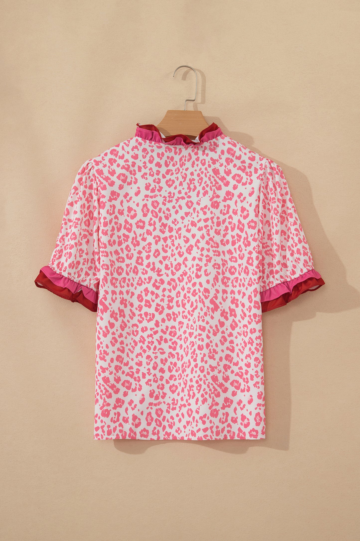 Gray Ruffled Trim V Neck Leopard Print Short Sleeve Blouse