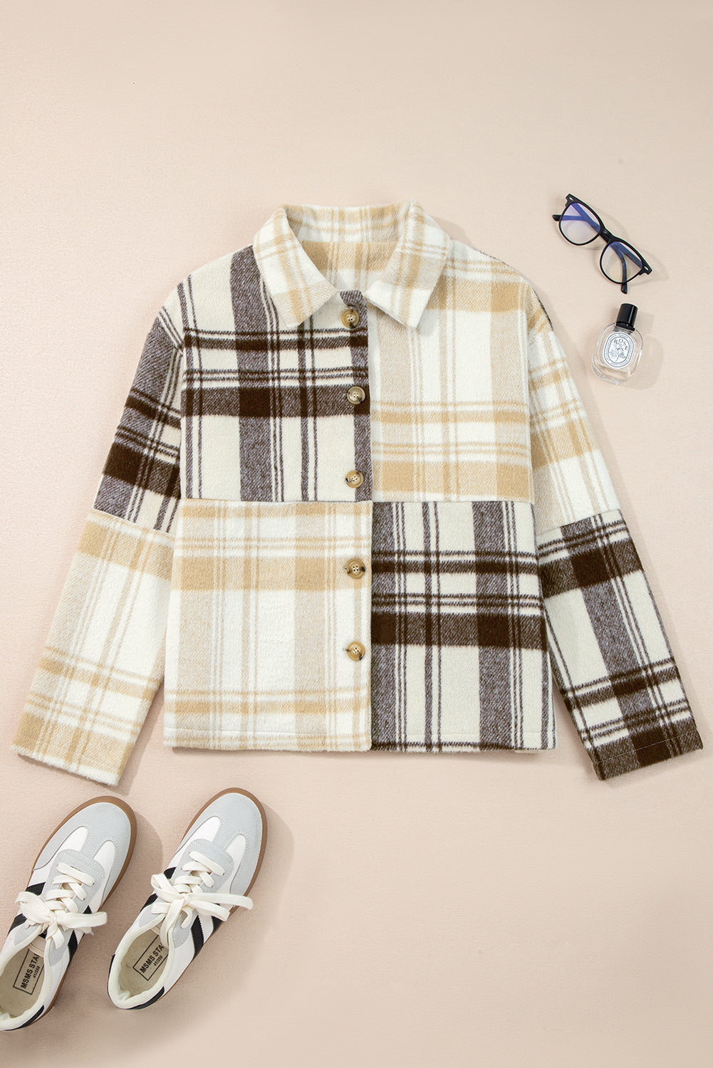 Multicolour Plaid Patchwork Side Pockets Buttoned Shacket