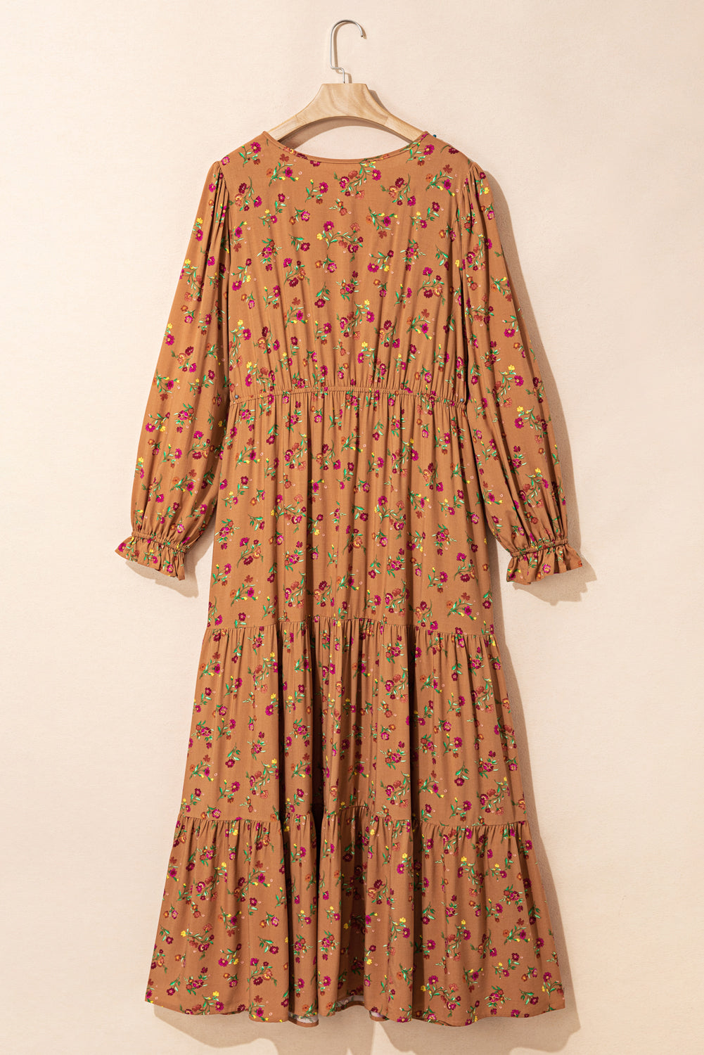 Brown Plus Size Floral Split V Neck Ruffled Sleeve Tiered Maxi Dress