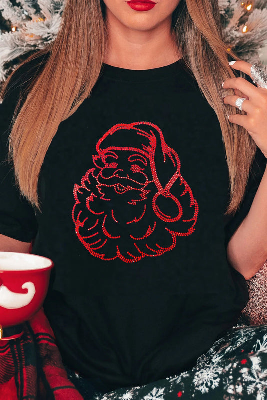 Black Rhinestone Santa Claus Christmas Graphic T Shirt
