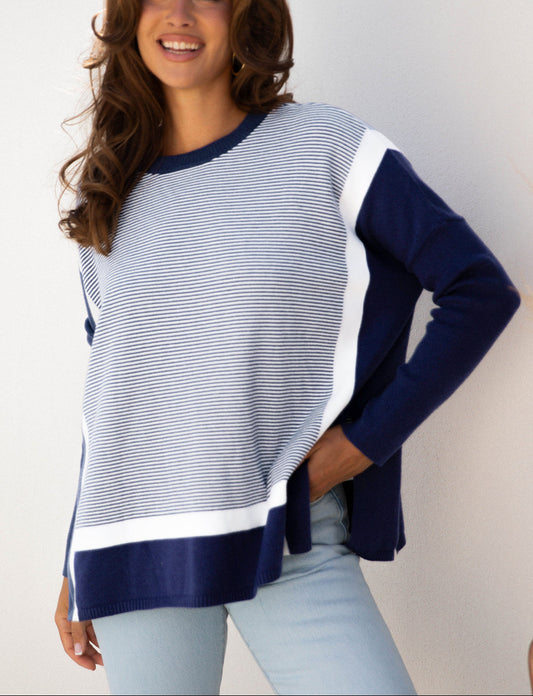 Blue Stripe Color Block Patchwork Dolman Oversize Tunic Sweater
