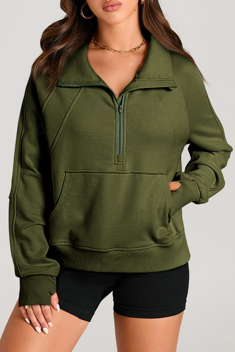 Solid Color Quarter Zip Stand Neck Kangaroo Pocket Sweatshirt