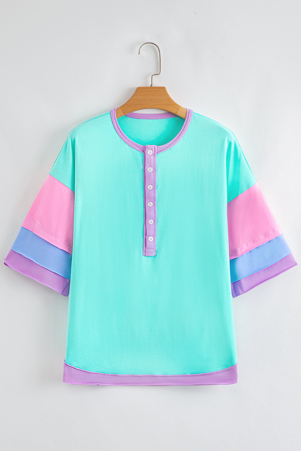 Mint Green Solid Color Half Sleeve Buttons Henley Top