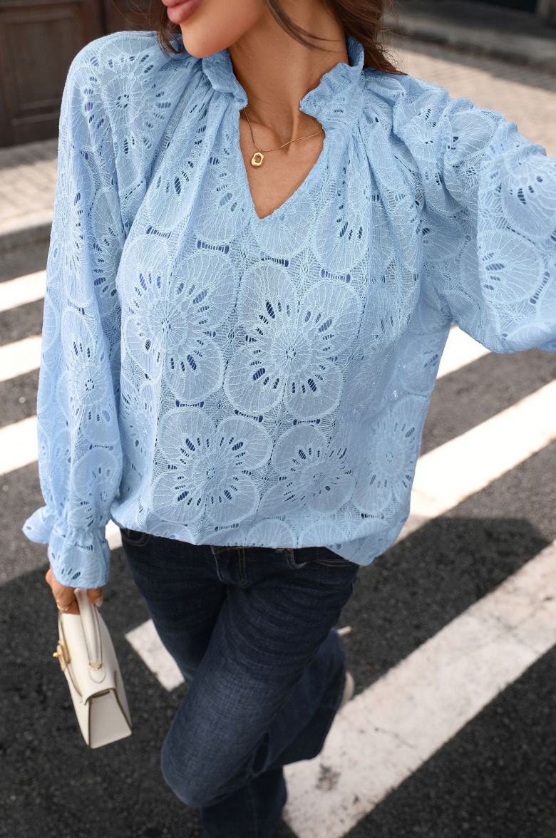 Eyelet Lace V Neck Top Long Sleeve Loose Casual Blouse