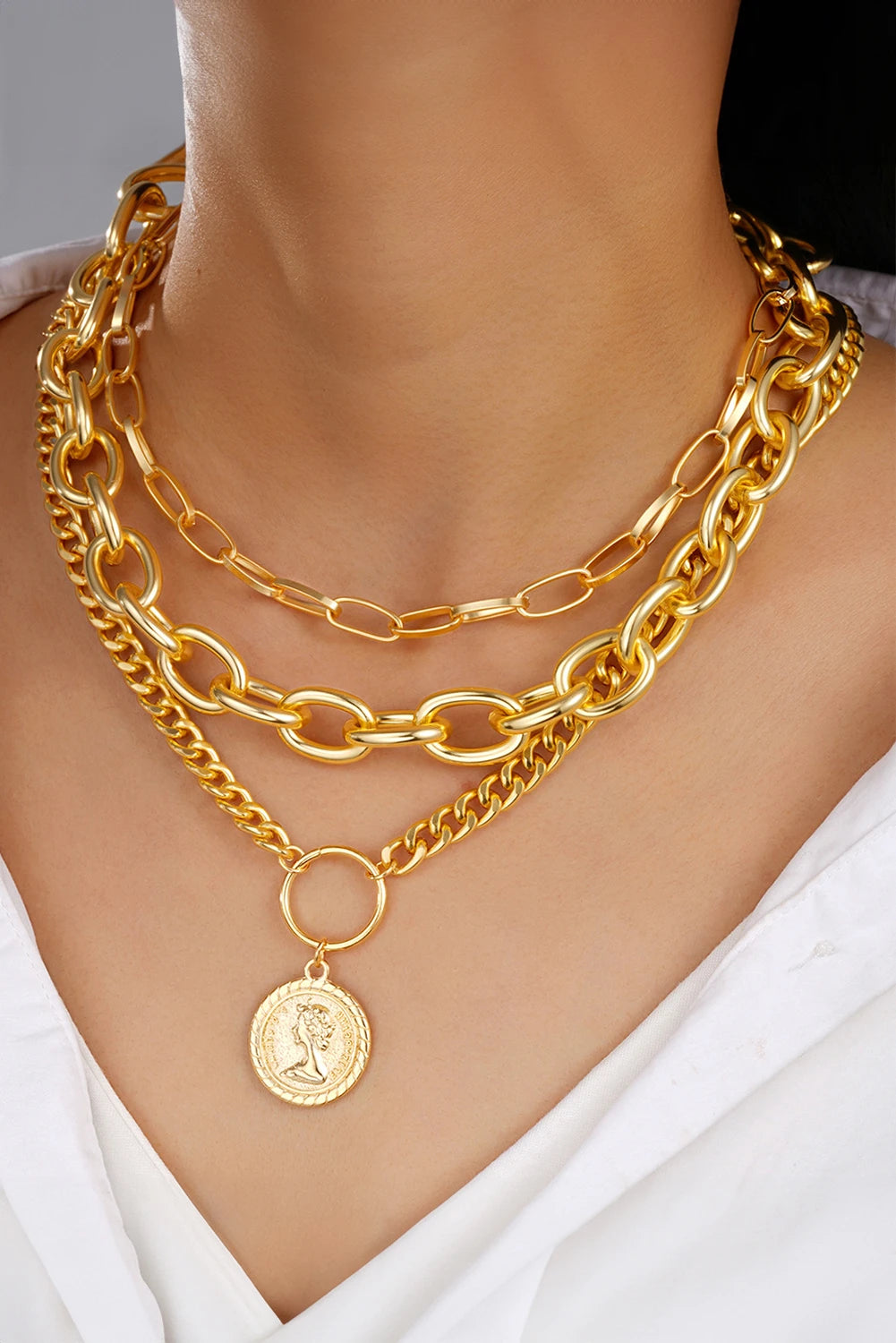 Gold Alloy Plated 3pcs Bold Chain Necklace Set