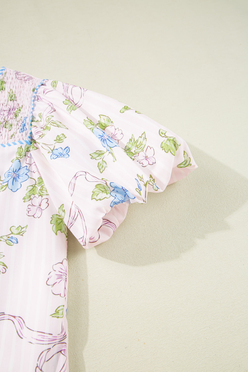 Pink Floral Striped Print Contrast Trim Tie Split Neck Mini Dress