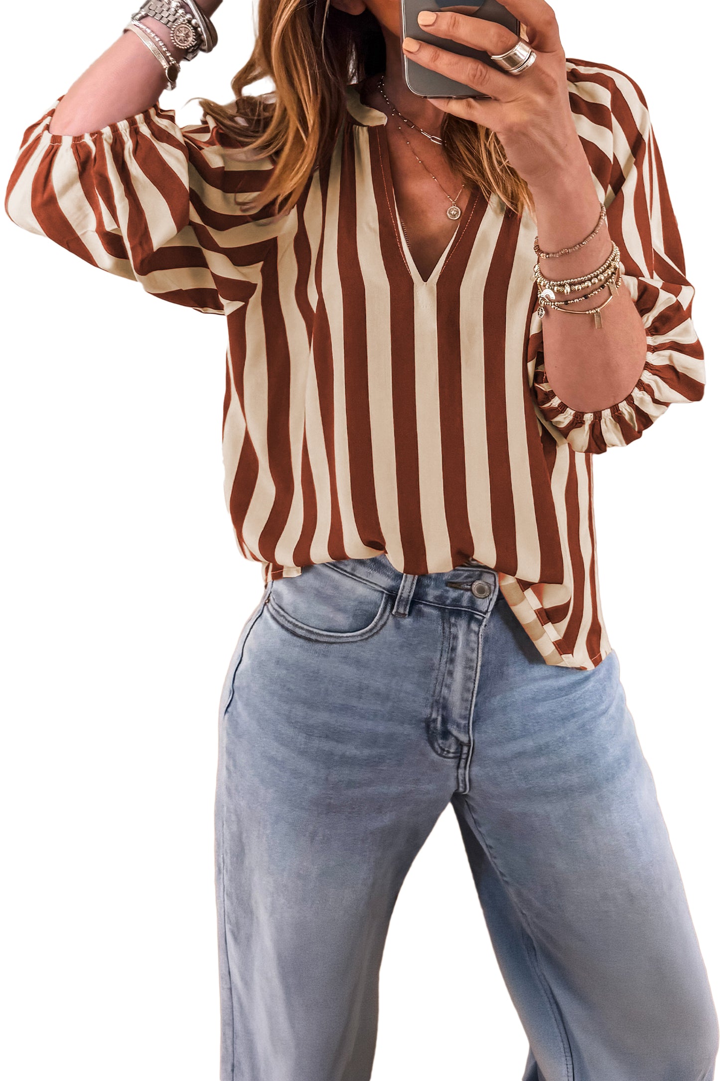Brown Stripe V Neck Half Sleeve Casual Blouse