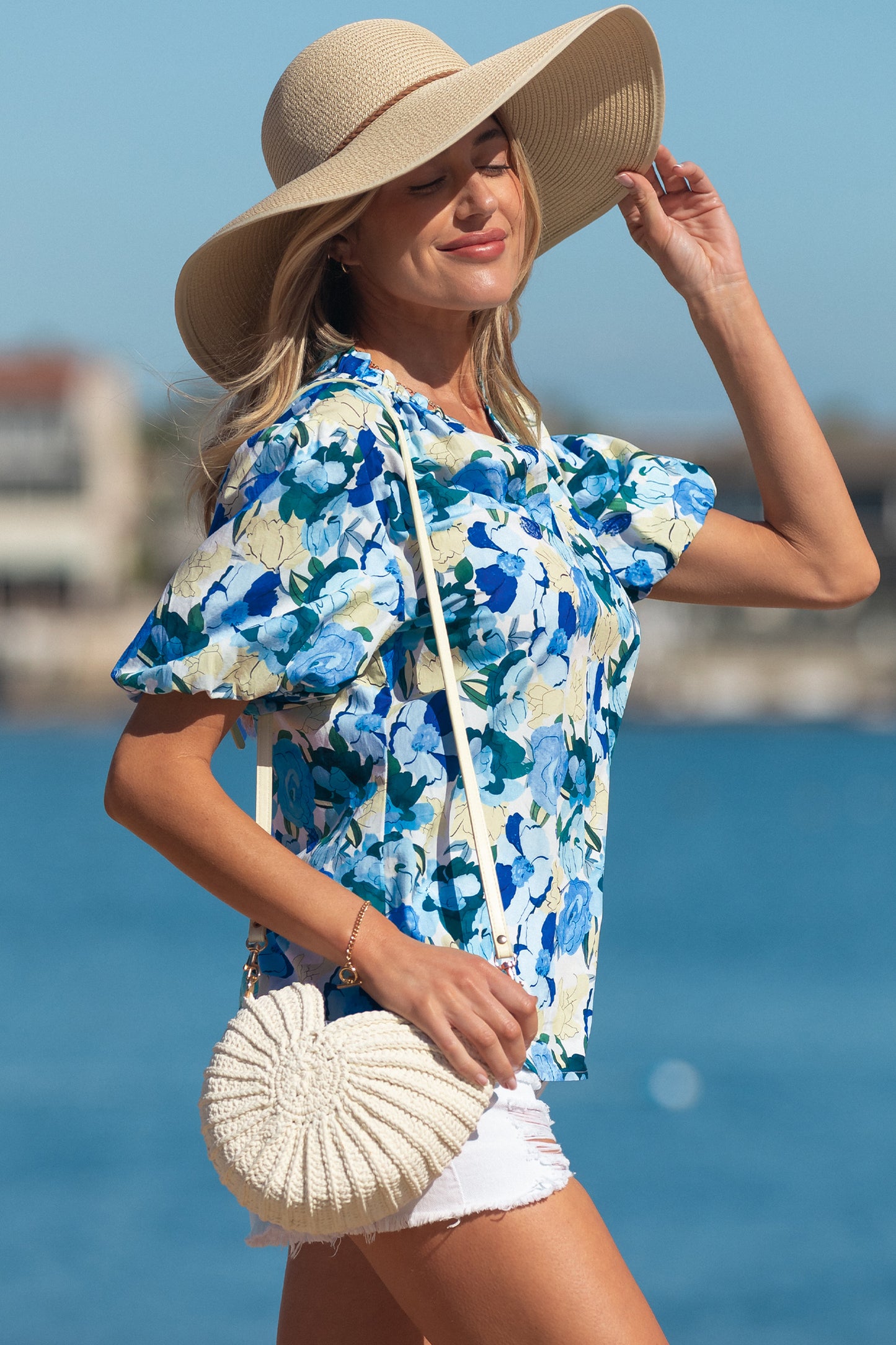 Sky Blue Floral Print Short Puff Sleeve V Neck Blouse