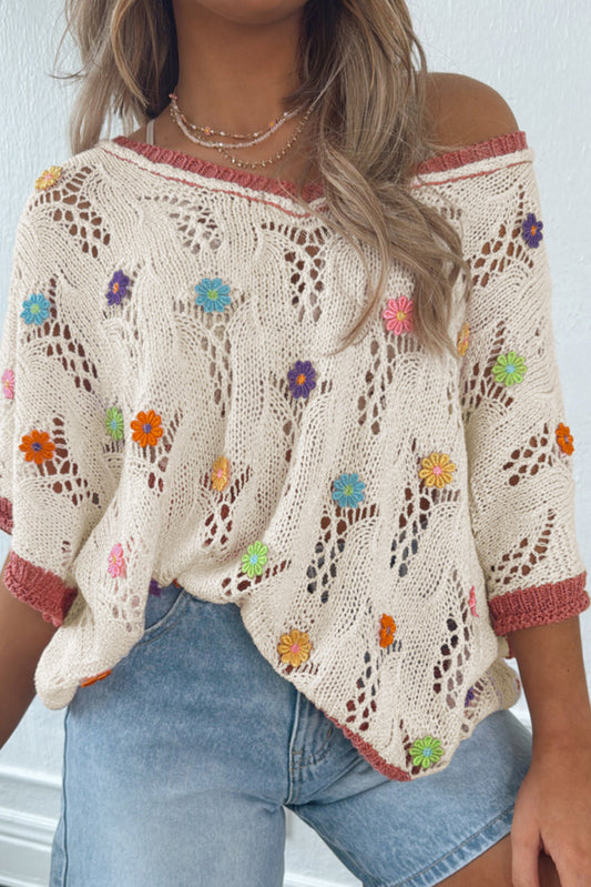 Delicacy Embroidered Flowers Colorblock Edge Hollowed Sweater