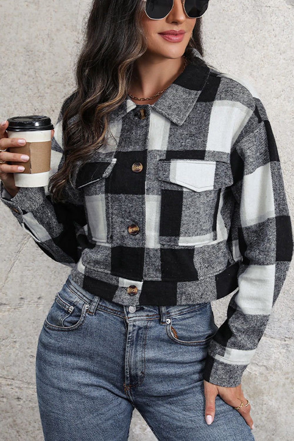 Sleeve Buttoned Cardigan Plaid Jacket With Pockets