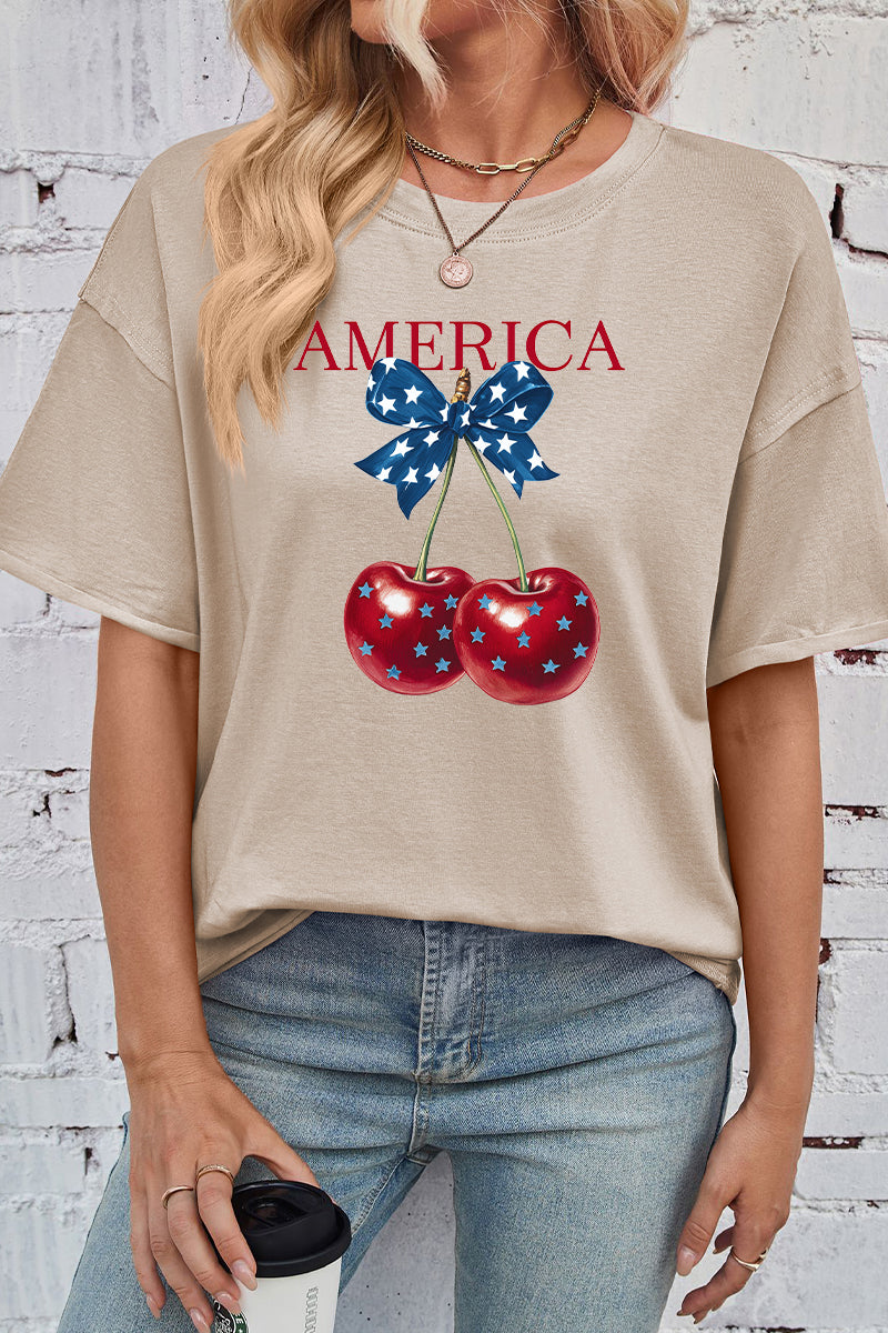Patriotic Cherry Print Rayon Tee Oversized Casual Top