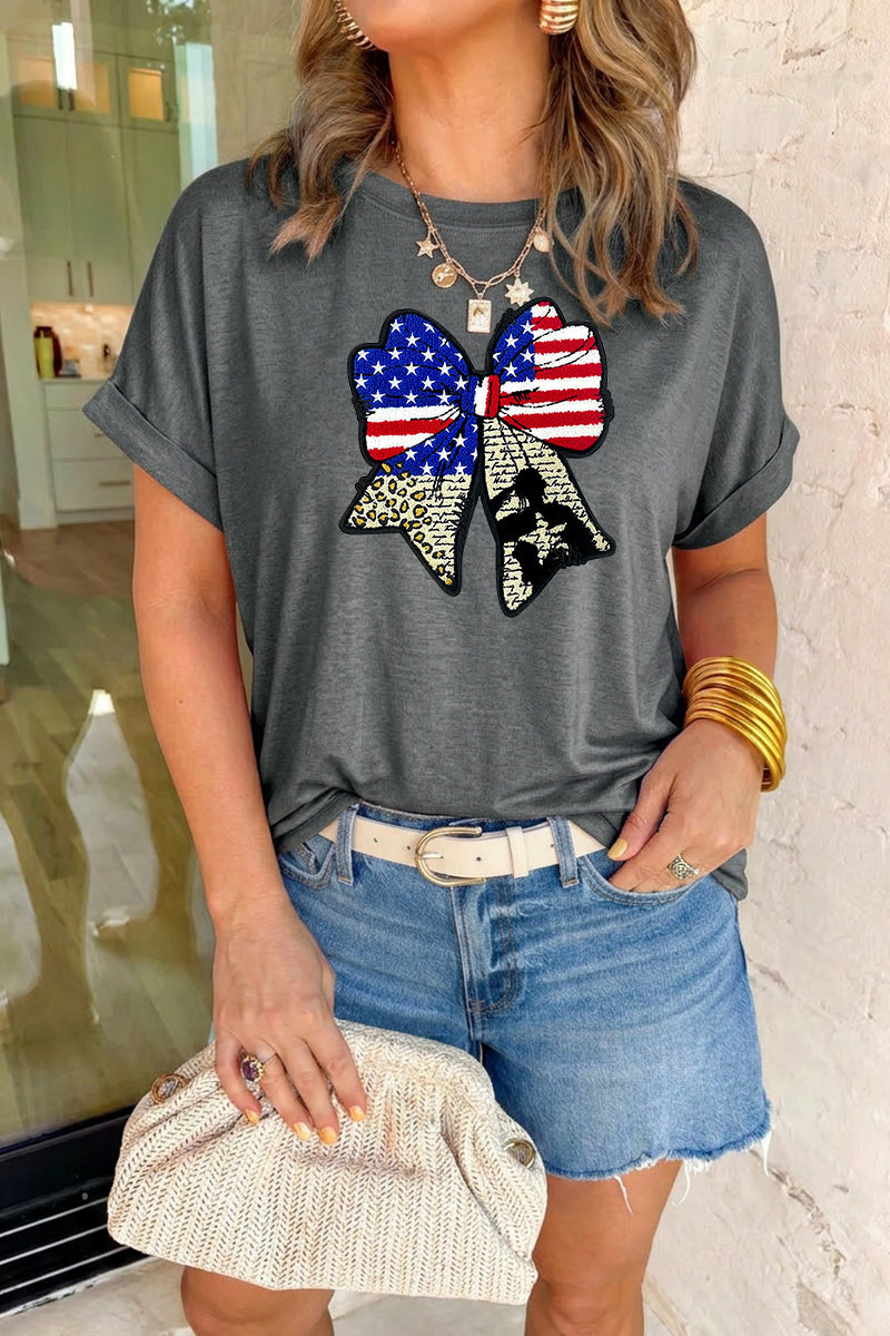Women Patriotic Bow Flag Graphic Tee 4th of July