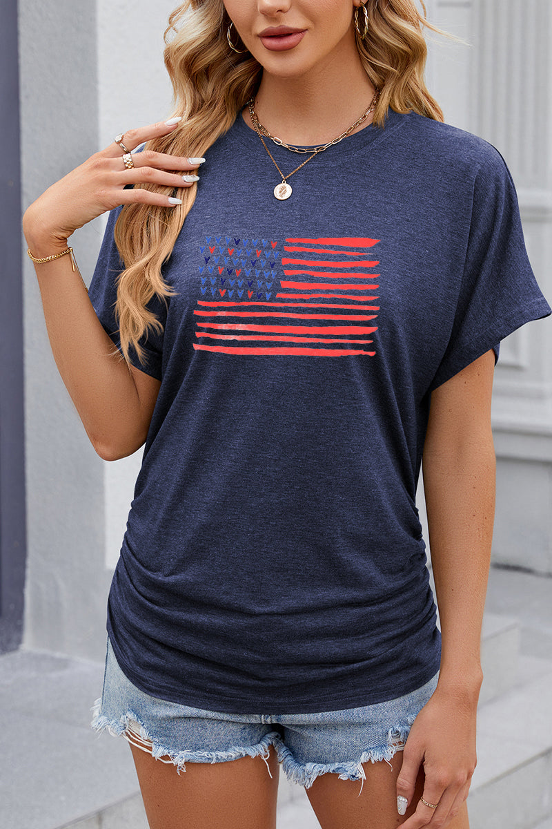 USA Flag Graphic Ruched Side Casual Summer Tee