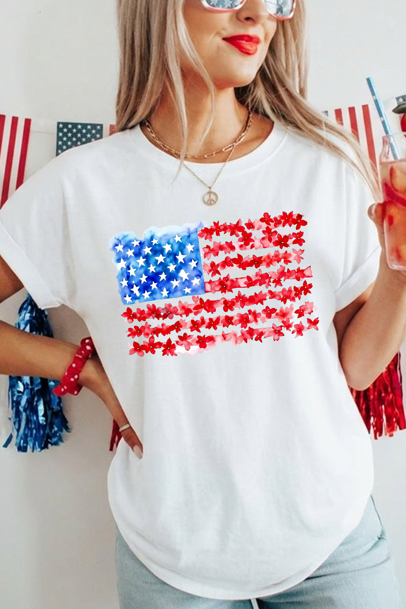 Women 4th of July American Flag Floral T Shirt