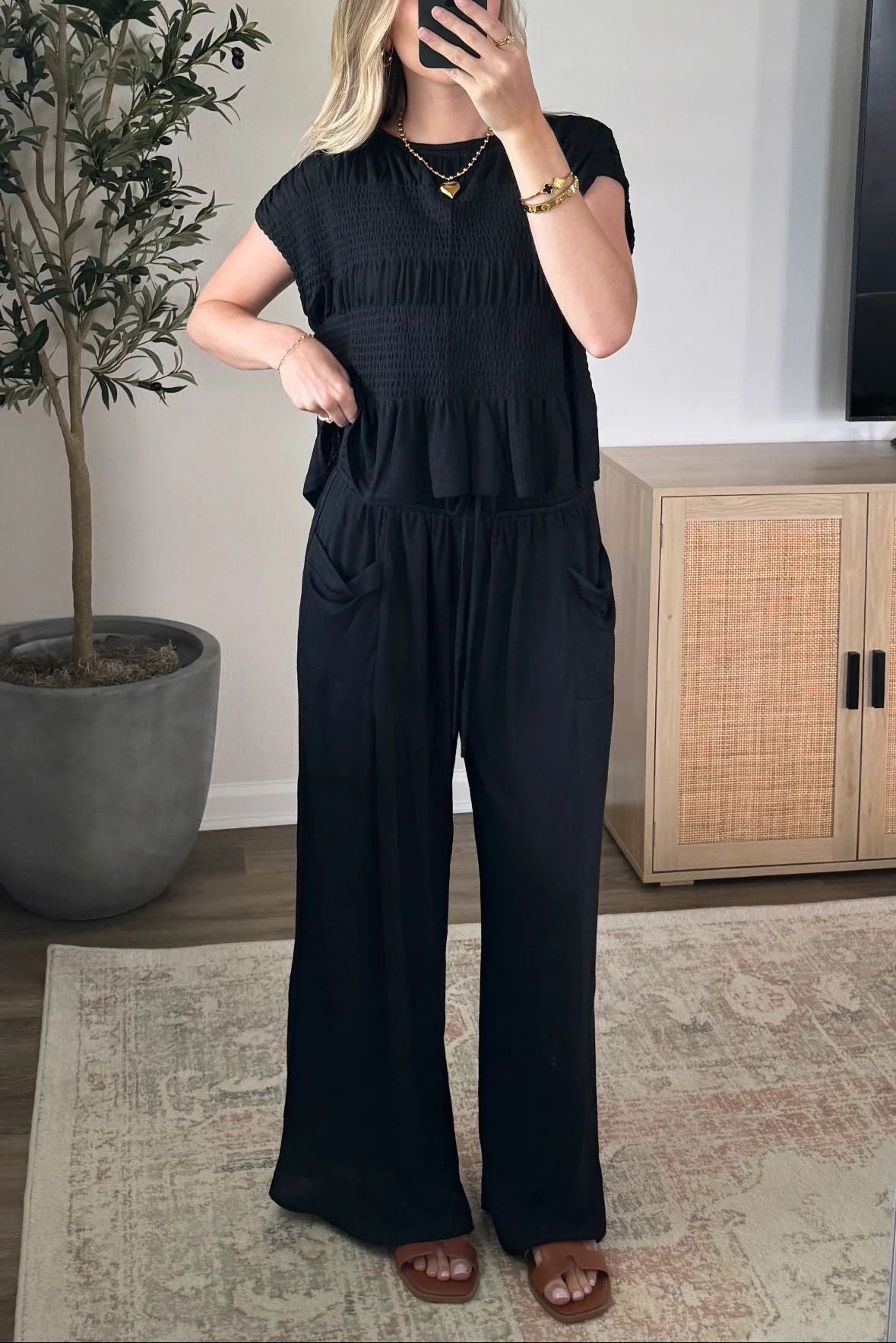 Summer Smocked Ruffle Top Wide Leg Pants Set