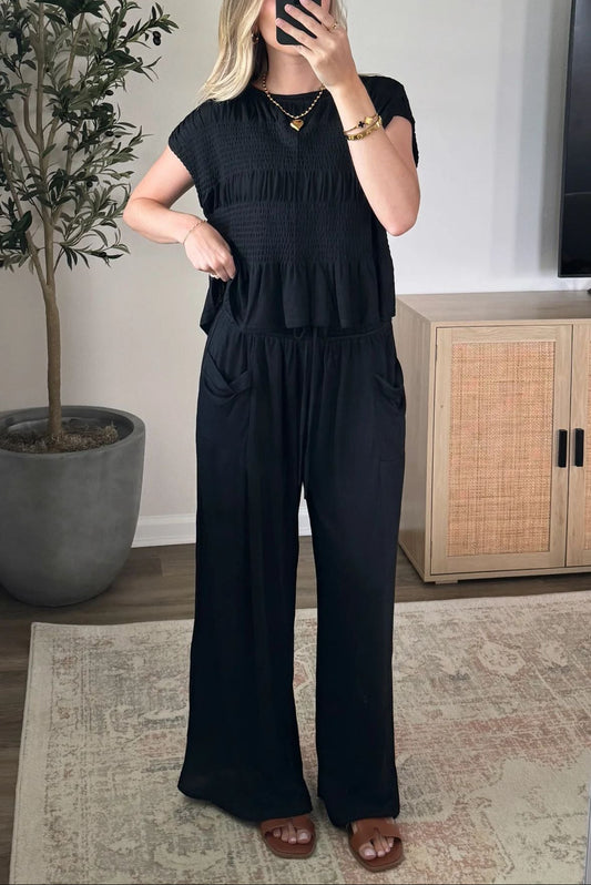 Summer Smocked Ruffle Top Wide Leg Pants Set