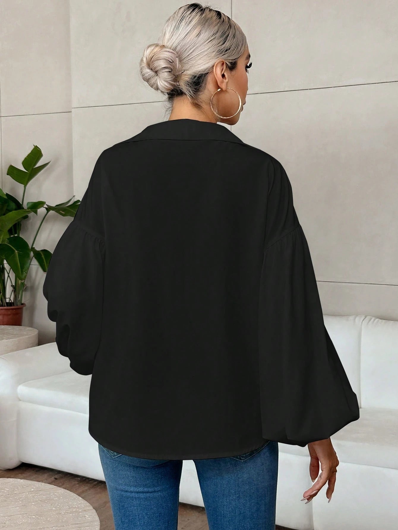 French Polka Dot Half-Open Collar Puff Sleeve Top